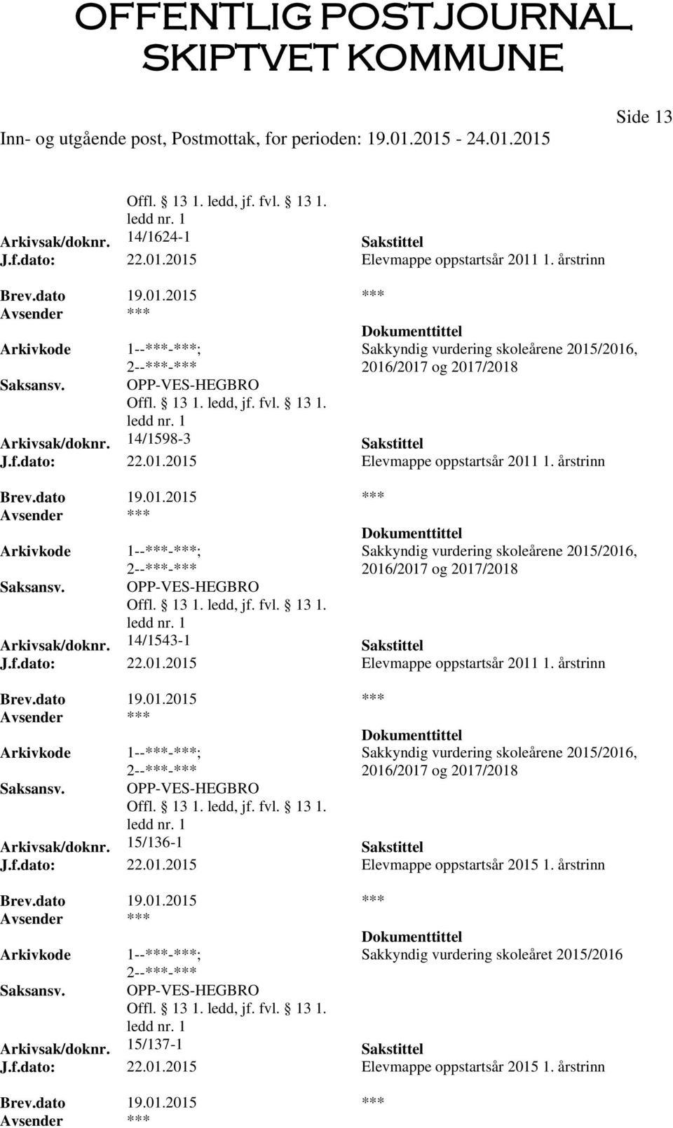 årstrinn OPP-VES-HEGBRO Sakkyndig vurdering skoleårene 2015/2016, 2016/2017 og 2017/2018 Arkivsak/doknr. 14/1543-1 Sakstittel J.f.dato: 22.01.2015 Elevmappe oppstartsår 2011 1.