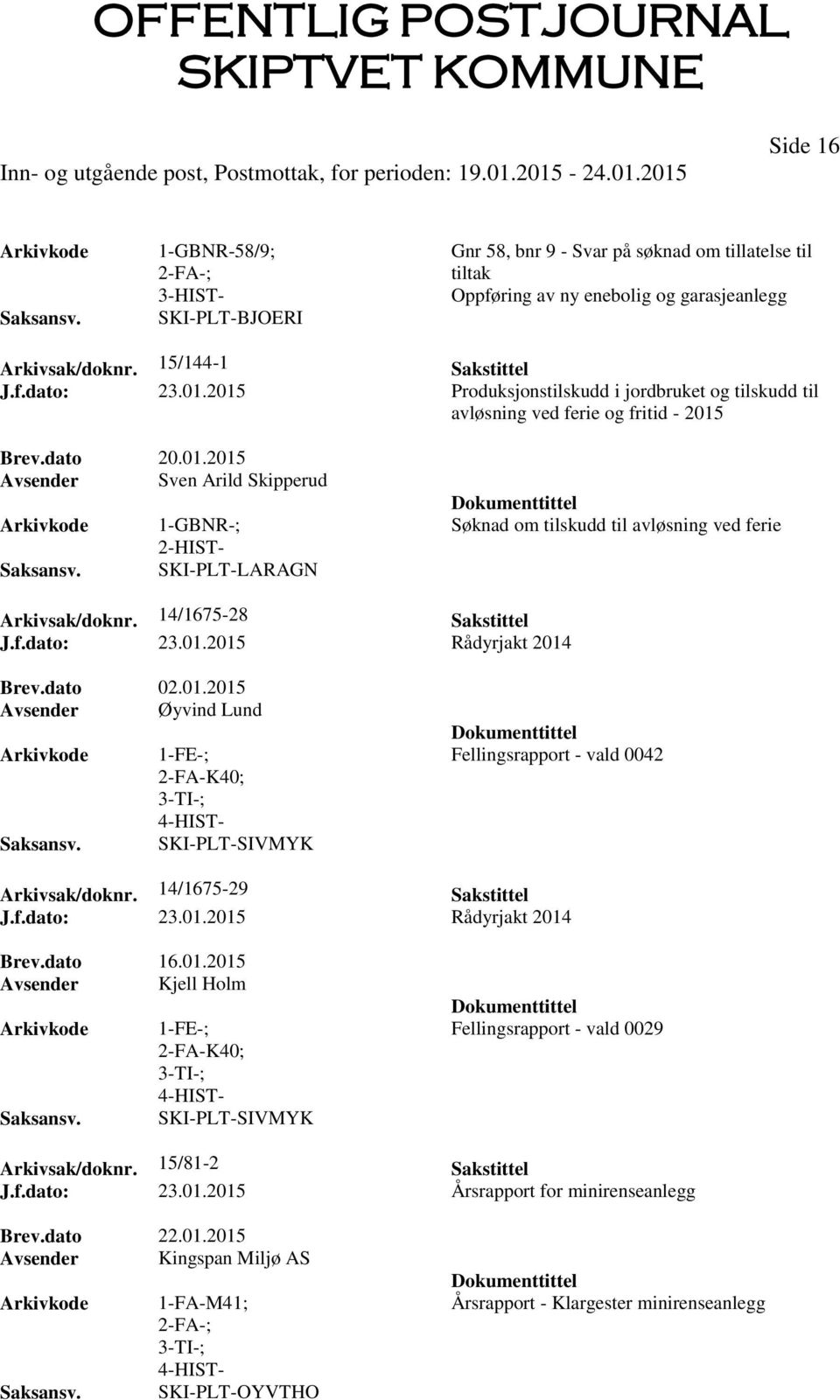 14/1675-28 Sakstittel J.f.dato: 23.01.2015 Rådyrjakt 2014 Brev.dato 02.01.2015 Avsender Øyvind Lund Fellingsrapport - vald 0042 Arkivsak/doknr. 14/1675-29 Sakstittel J.f.dato: 23.01.2015 Rådyrjakt 2014 Brev.dato 16.