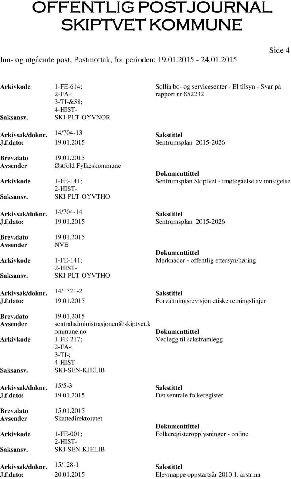 dato 19.01.2015 Avsender NVE 1-FE-141; 2-HIST- SKI-PLT-OYVTHO Merknader - offentlig ettersyn/høring Arkivsak/doknr. 14/1321-2 Sakstittel J.f.dato: 19.01.2015 Forvaltningsrevisjon etiske retningslinjer Brev.