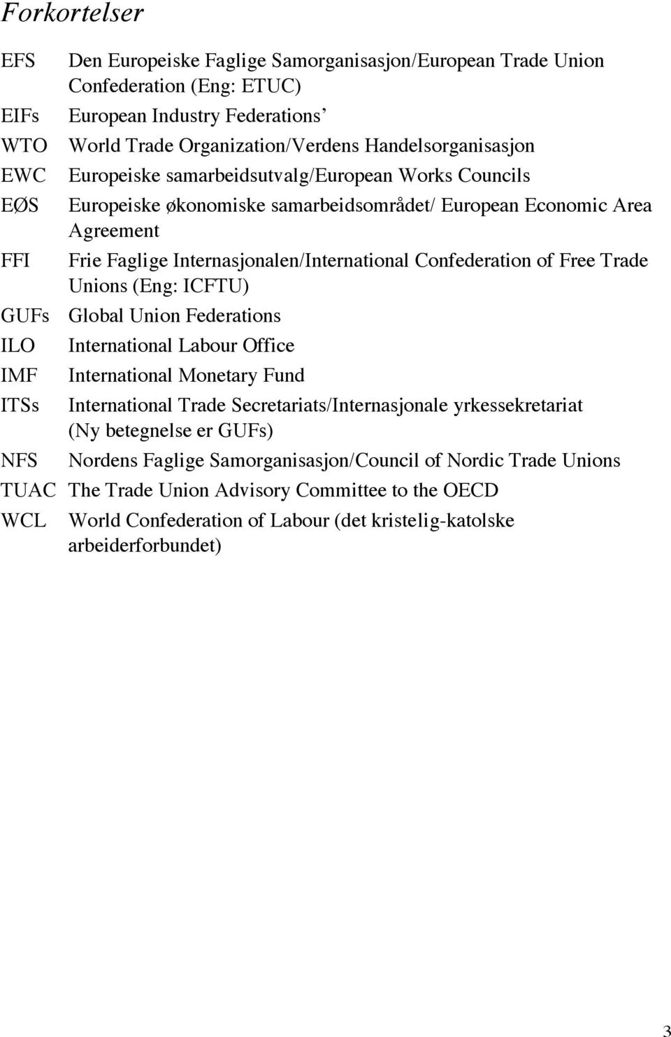 Trade Unions (Eng: ICFTU) GUFs Global Union Federations ILO International Labour Office IMF International Monetary Fund ITSs International Trade Secretariats/Internasjonale yrkessekretariat (Ny