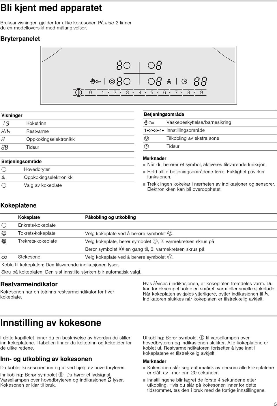 Vaskebeskyttelse/barnesikring 1û2û3û4û Innstillingsområde ö Tilkobling av ekstra sone 0 Tidsur Merknader Når du berører et symbol, aktiveres tilsvarende funksjon. Hold alltid betjeningsområdene tørre.