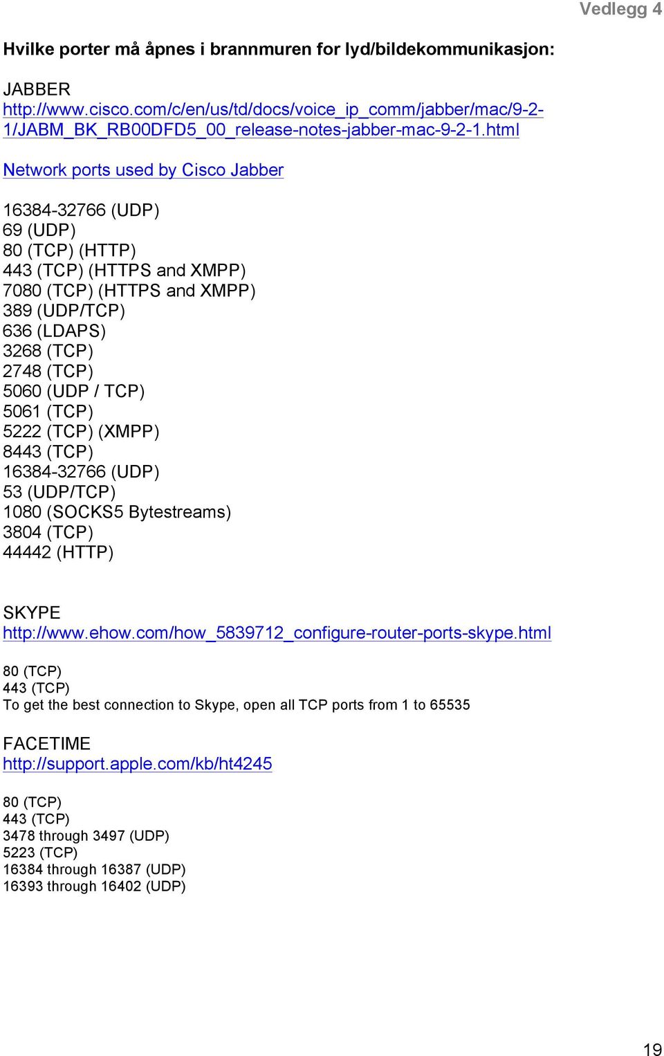 html Network ports used by Cisco Jabber 16384-32766 (UDP) 69 (UDP) 80 (TCP) (HTTP) 443 (TCP) (HTTPS and XMPP) 7080 (TCP) (HTTPS and XMPP) 389 (UDP/TCP) 636 (LDAPS) 3268 (TCP) 2748 (TCP) 5060 (UDP /