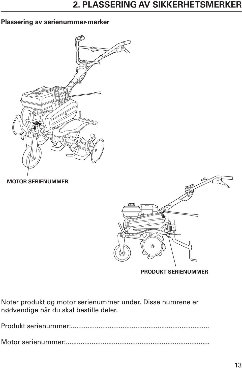 SERIENUMMER Noter produkt og motor serienummer under.