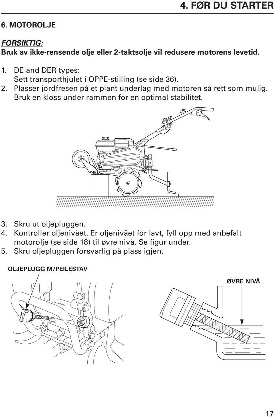 Plasser jordfresen på et plant underlag med motoren så rett som mulig. Bruk en kloss under rammen for en optimal stabilitet. 3.