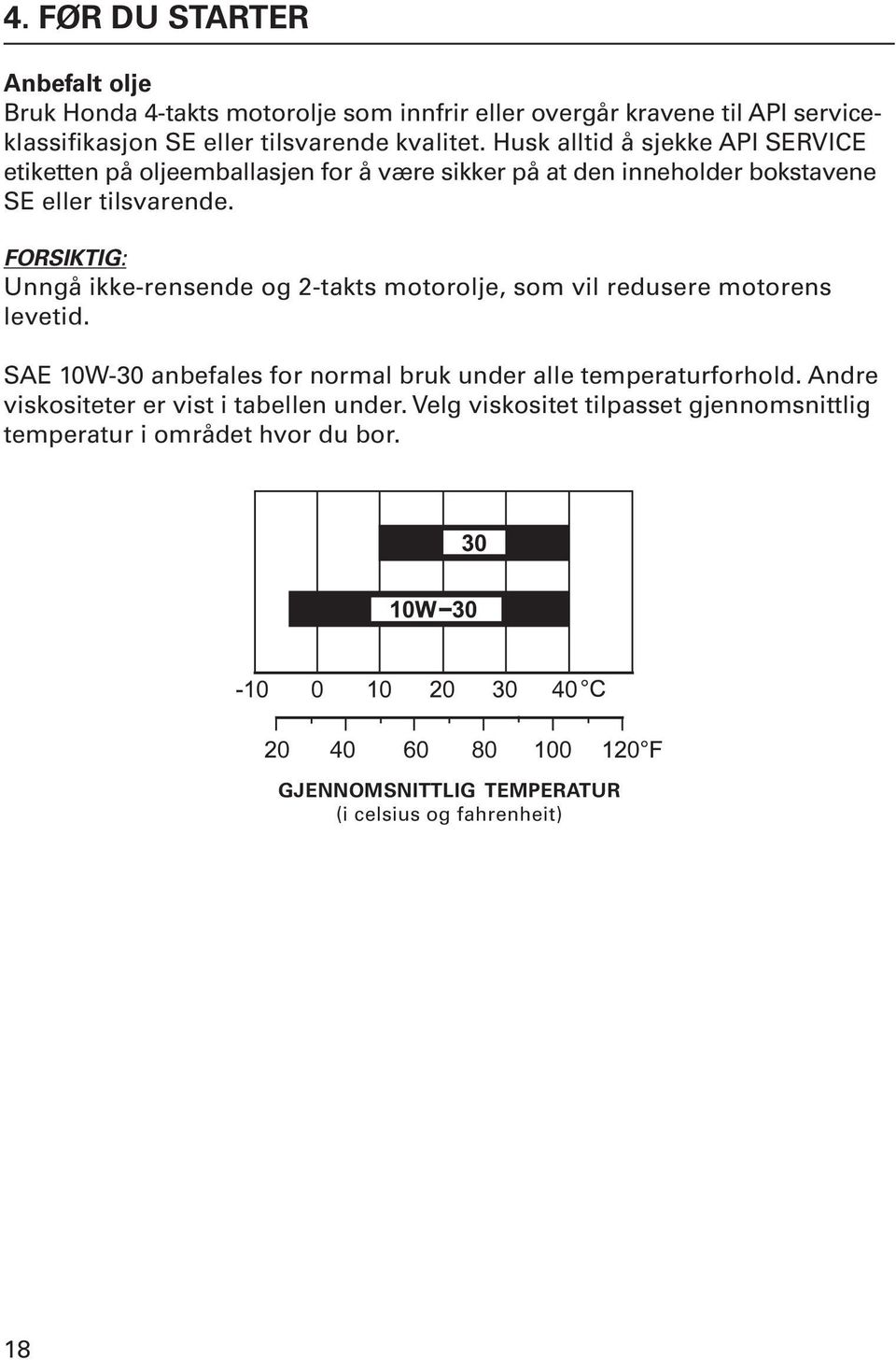 FORSIKTIG: Unngå ikke-rensende og 2-takts motorolje, som vil redusere motorens levetid. SAE 10W-30 anbefales for normal bruk under alle temperaturforhold.