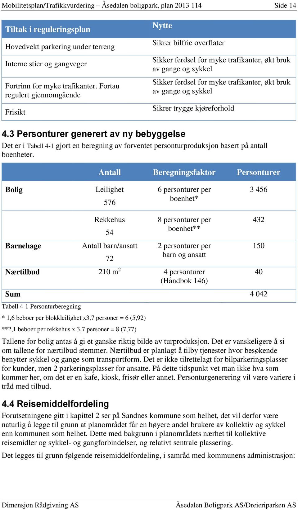 Sikrer trygge kjøreforhold 4.3 Personturer generert av ny bebyggelse Det er i Tabell 4-1 gjort en beregning av forventet personturproduksjon basert på antall boenheter.