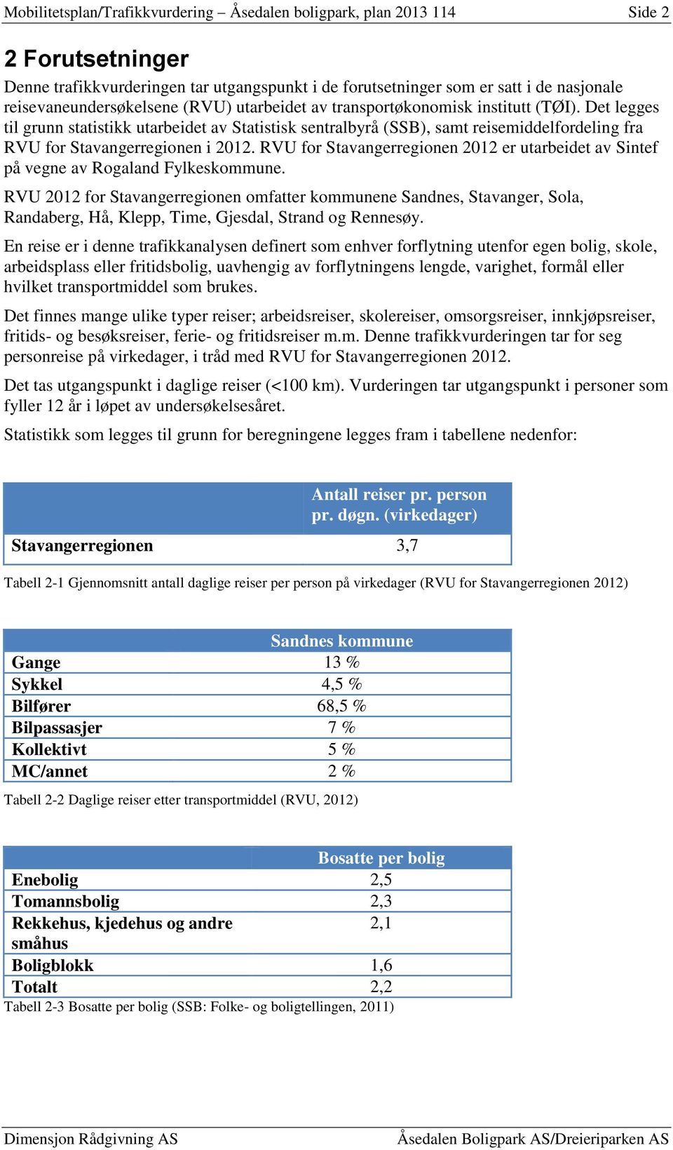 Det legges til grunn statistikk utarbeidet av Statistisk sentralbyrå (SSB), samt reisemiddelfordeling fra RVU for Stavangerregionen i 2012.