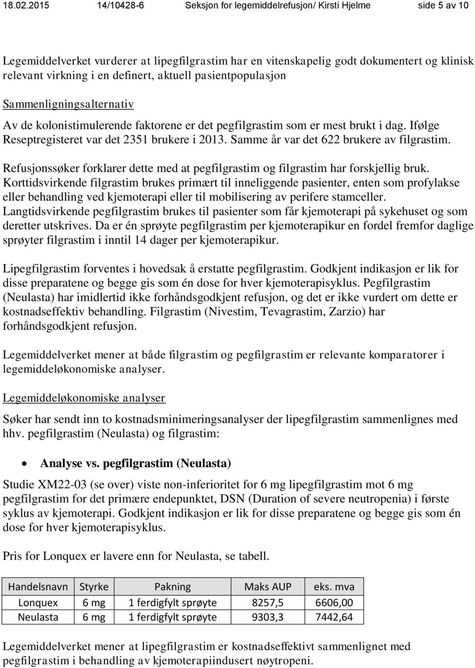 definert, aktuell pasientpopulasjon Sammenligningsalternativ Av de kolonistimulerende faktorene er det pegfilgrastim som er mest brukt i dag. Ifølge Reseptregisteret var det 2351 brukere i 2013.