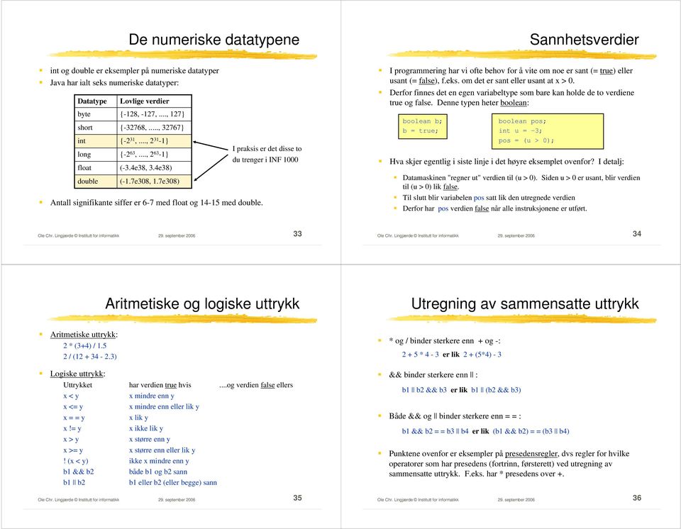 I praksis er det disse to du trenger i INF 1000 I programmering har vi ofte behov for å vite om noe er sant (= true) eller usant (= false), f.eks. om det er sant eller usant at x > 0.