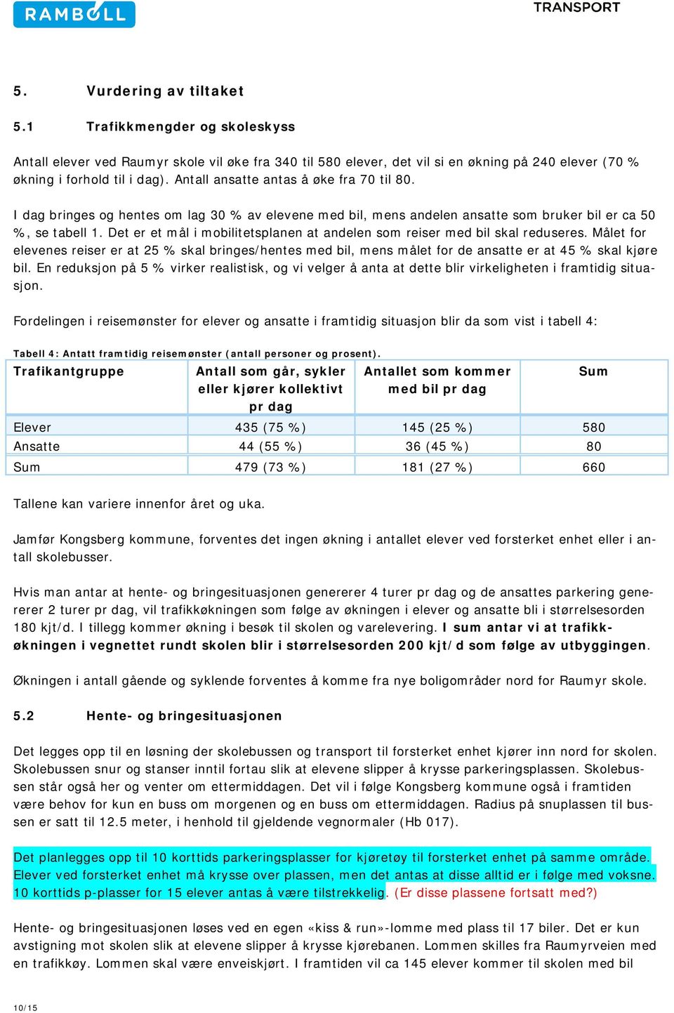 Det er et mål i mobilitetsplanen at andelen som reiser med bil skal reduseres. Målet for elevenes reiser er at 25 % skal bringes/hentes med bil, mens målet for de ansatte er at 45 % skal kjøre bil.