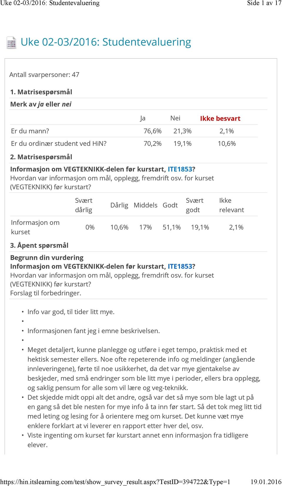 Svært dårlig Dårlig Middels Godt Svært godt Ikke relevant Informasjon om kurset 0% 10,6% 17% 51,1% 19,1% 2,1% 3.