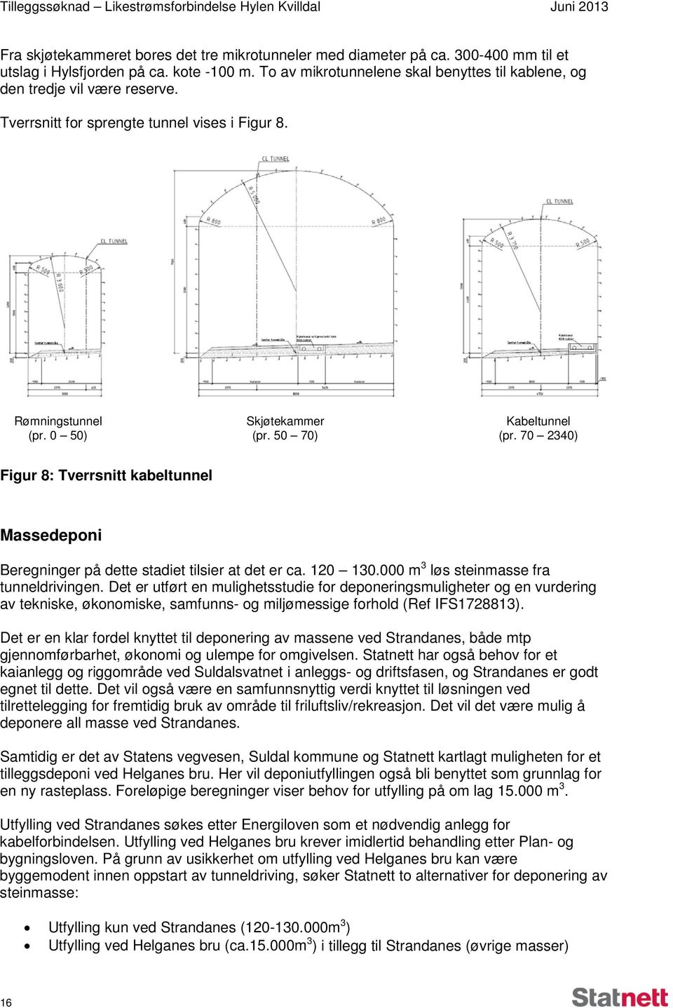 70 2340) Figur 8: Tverrsnitt kabeltunnel Massedeponi Beregninger på dette stadiet tilsier at det er ca. 120 130.000 m 3 løs steinmasse fra tunneldrivingen.