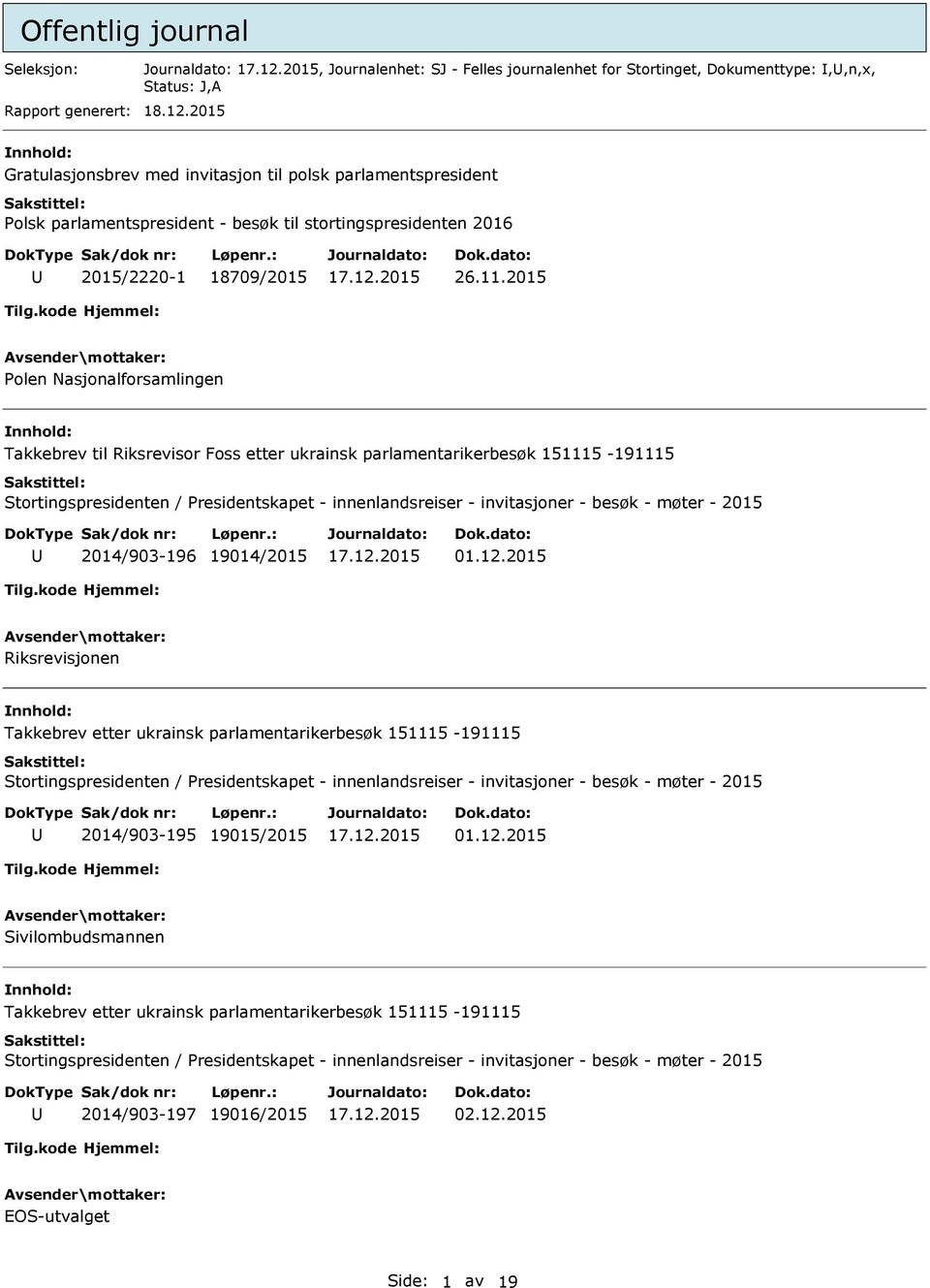 2015 Polen Nasjonalforsamlingen Takkebrev til Riksrevisor Foss etter ukrainsk parlamentarikerbesøk 151115-191115 Stortingspresidenten / Presidentskapet - innenlandsreiser - invitasjoner - besøk -