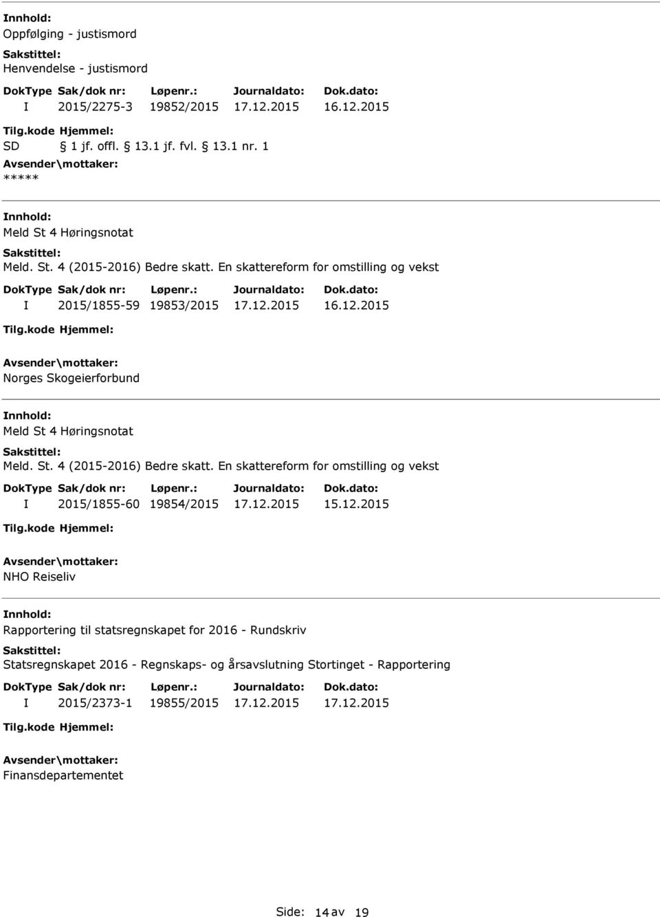 1 2015/1855-59 19853/2015 Norges Skogeierforbund 2015/1855-60 19854/2015 NHO Reiseliv