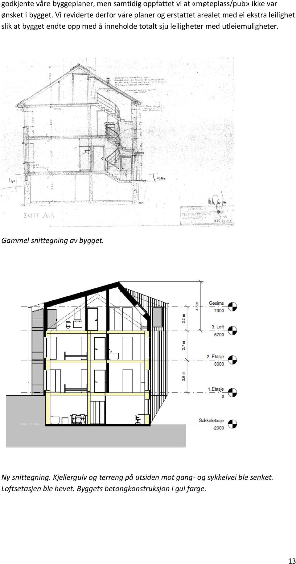 inneholde totalt sju leiligheter med utleiemuligheter. Gammel snittegning av bygget. Ny snittegning.