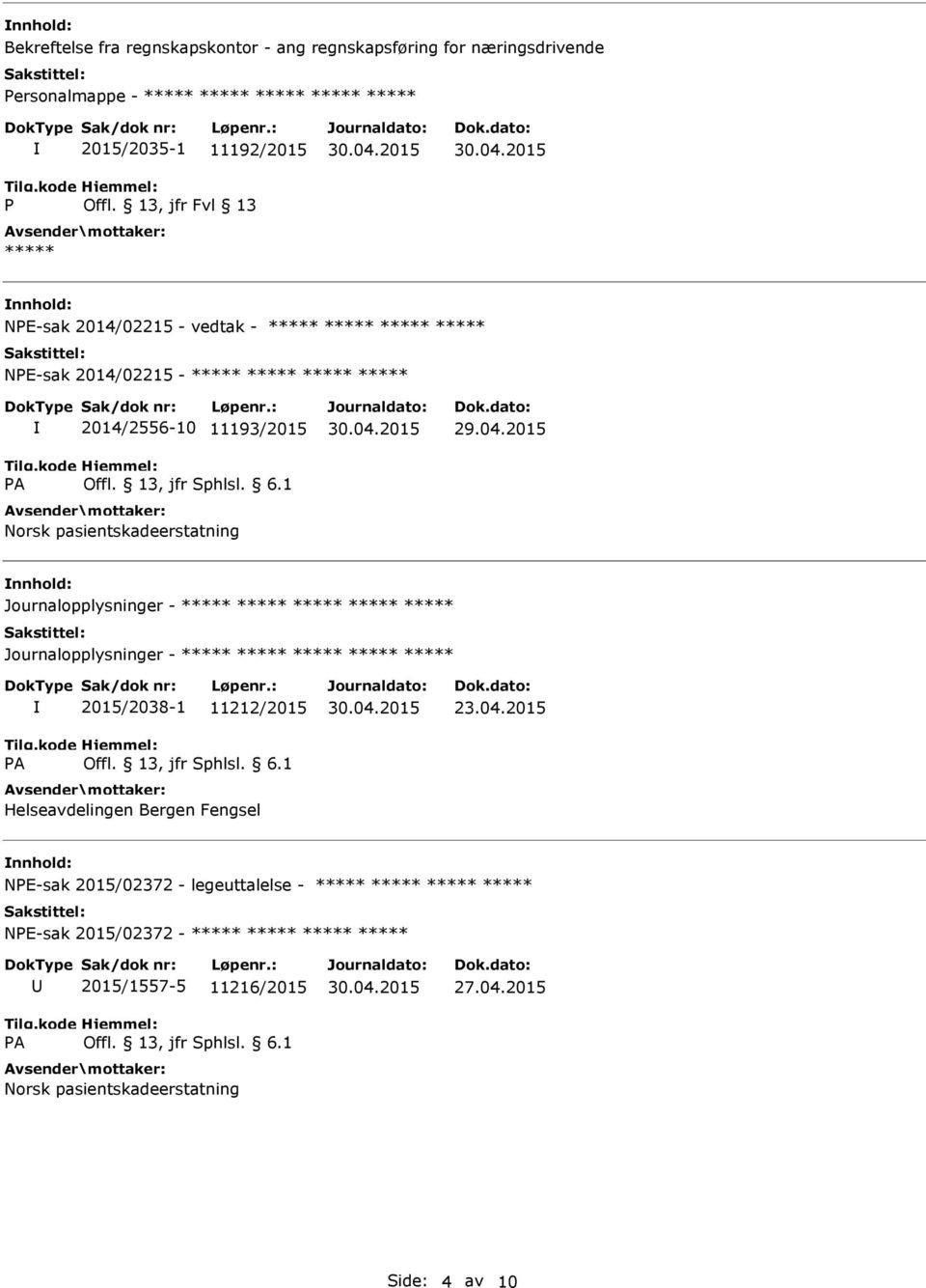 04.2015 Journalopplysninger - Journalopplysninger - 2015/2038-1 11212/2015 Helseavdelingen Bergen