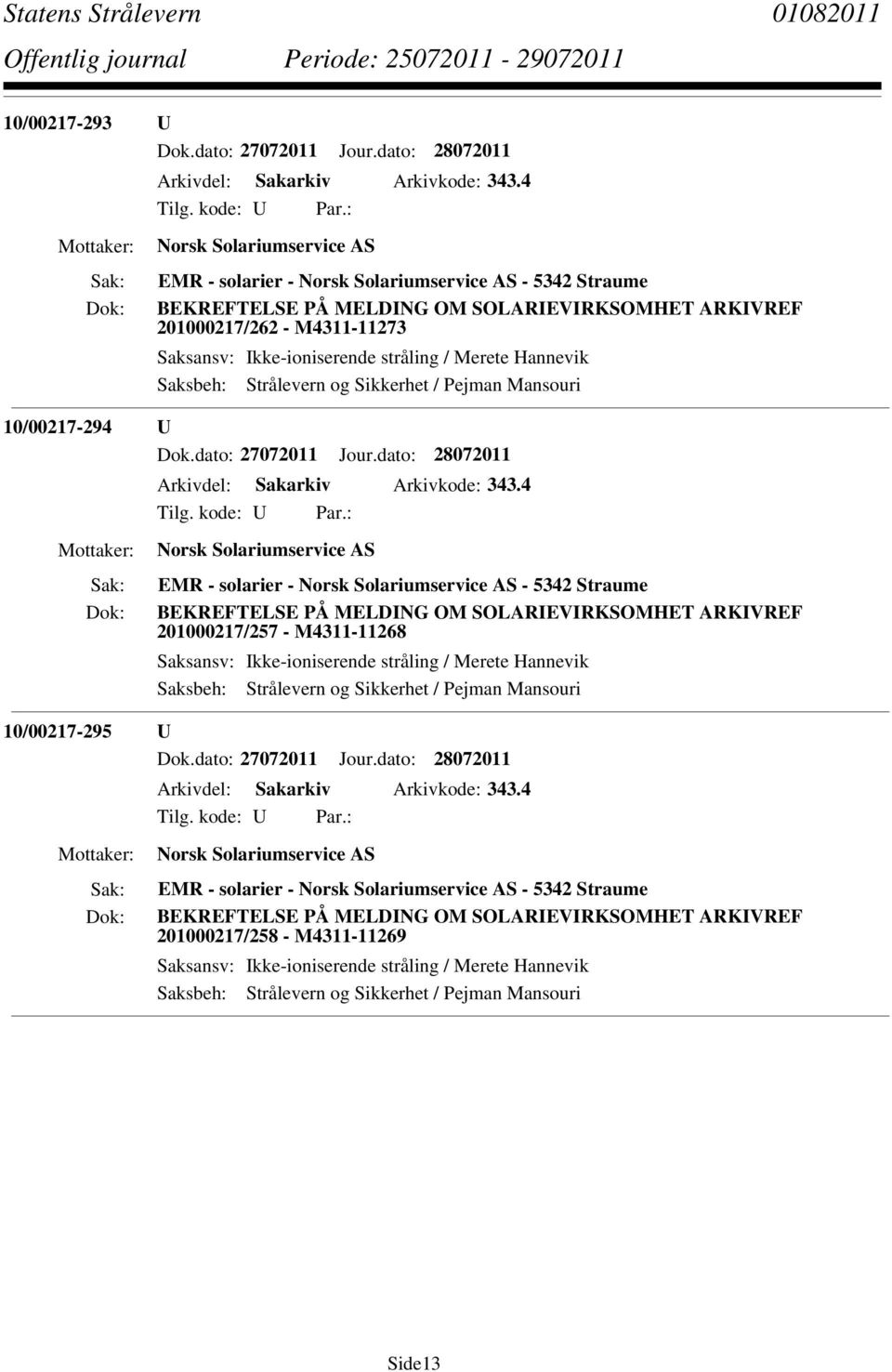 SOLARIEVIRKSOMHET ARKIVREF 201000217/257 - M4311-11268 10/00217-295 U