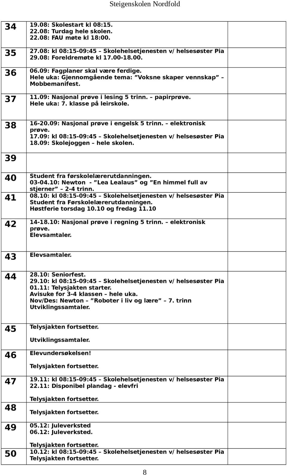 09: Nasjonal prøve i engelsk 5 trinn. elektronisk prøve. 17.09: kl 08:15-09:45 Skolehelsetjenesten v/ helsesøster Pia 18.09: Skolejoggen hele skolen. 39 40 Student fra førskolelærerutdanningen. 03-04.