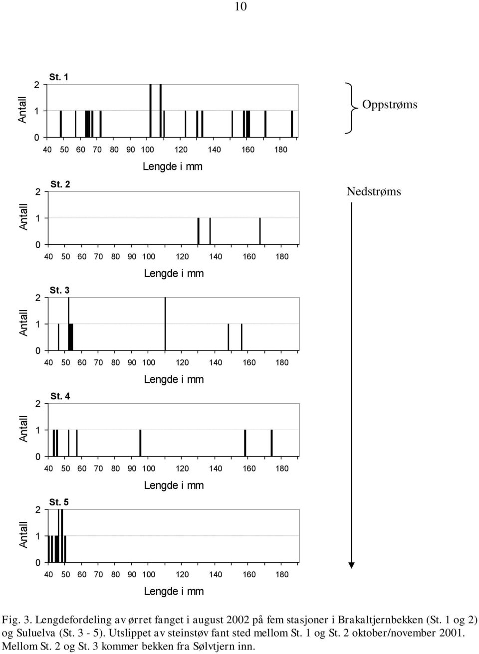 Lengdefordeling av ørret fanget i august på fem stasjoner i Brakaltjernbekken (St.