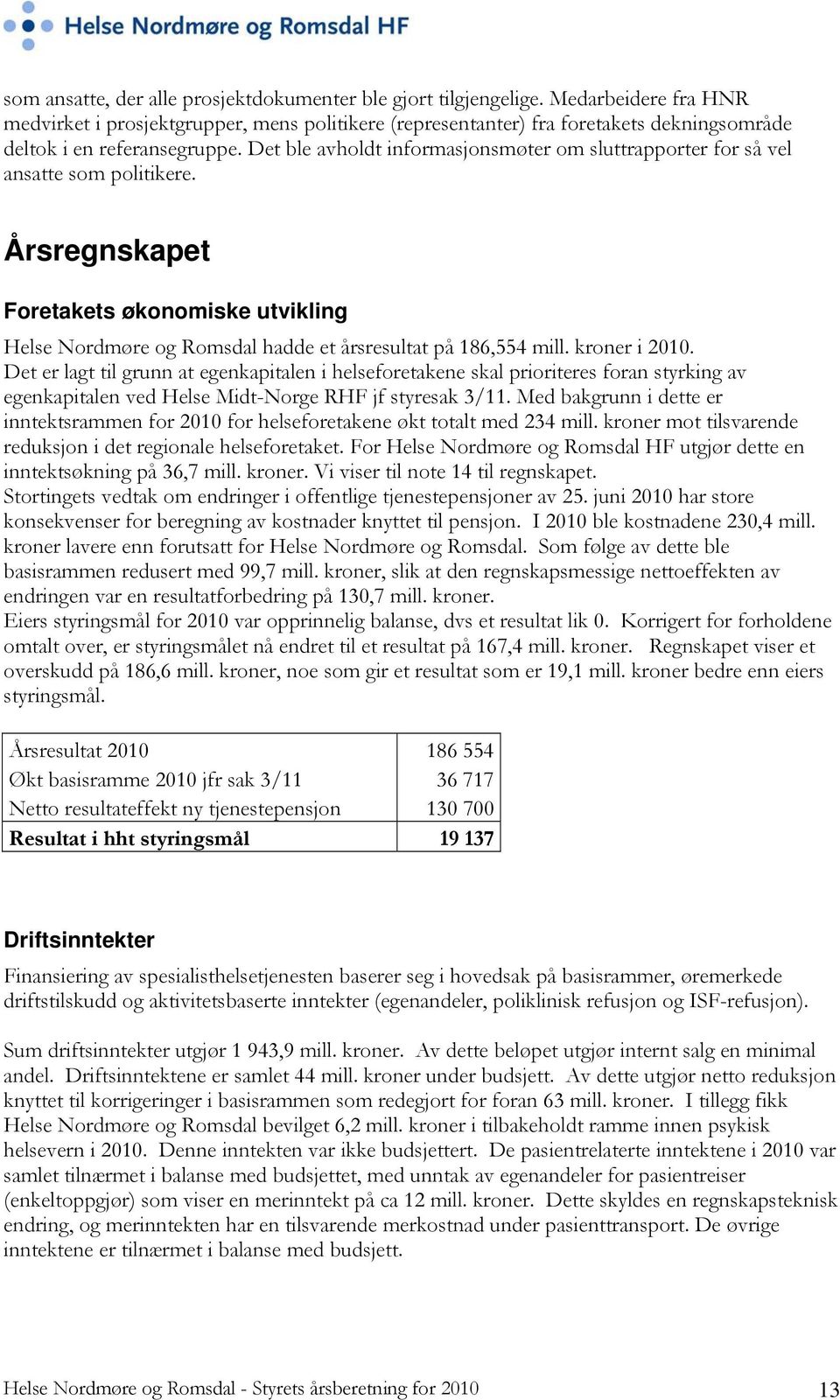 Det ble avholdt informasjonsmøter om sluttrapporter for så vel ansatte som politikere. Årsregnskapet Foretakets økonomiske utvikling Helse Nordmøre og Romsdal hadde et årsresultat på 186,554 mill.