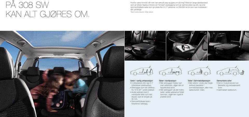 som kan moduleres i det uendelige. *Med 2 ekstra bakseter i tredje seterad. 1940 mm Seter i vanlig sitteposisjon 5 sitteplasser eller opp til 7 sitteplasser (ekstrautstyr).