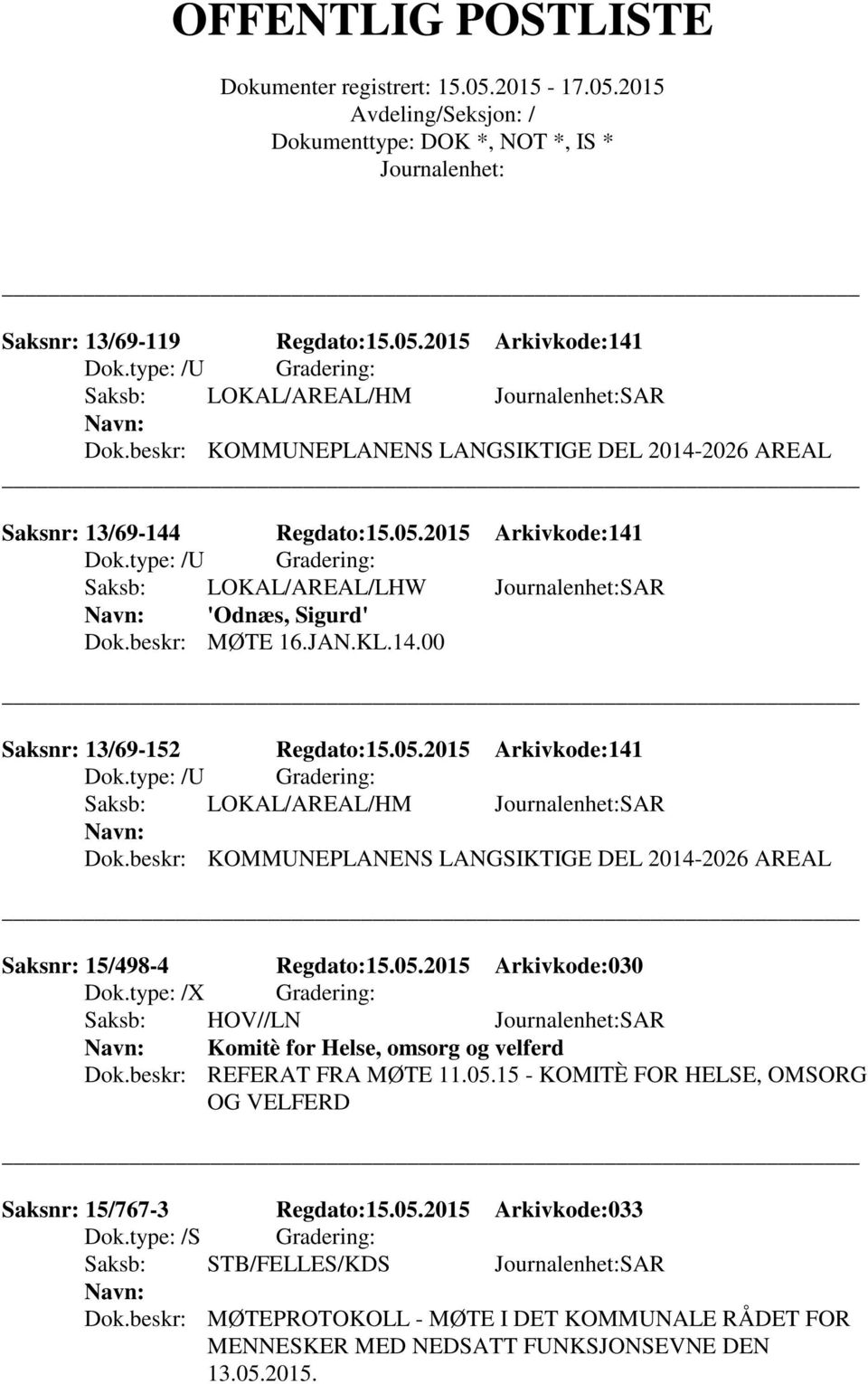 type: /X Gradering: Saksb: HOV//LN SAR Komitè for Helse, omsorg og velferd Dok.beskr: REFERAT FRA MØTE 11.05.15 - KOMITÈ FOR HELSE, OMSORG OG VELFERD Saksnr: 15/767-3 Regdato:15.05.2015 Arkivkode:033 Dok.