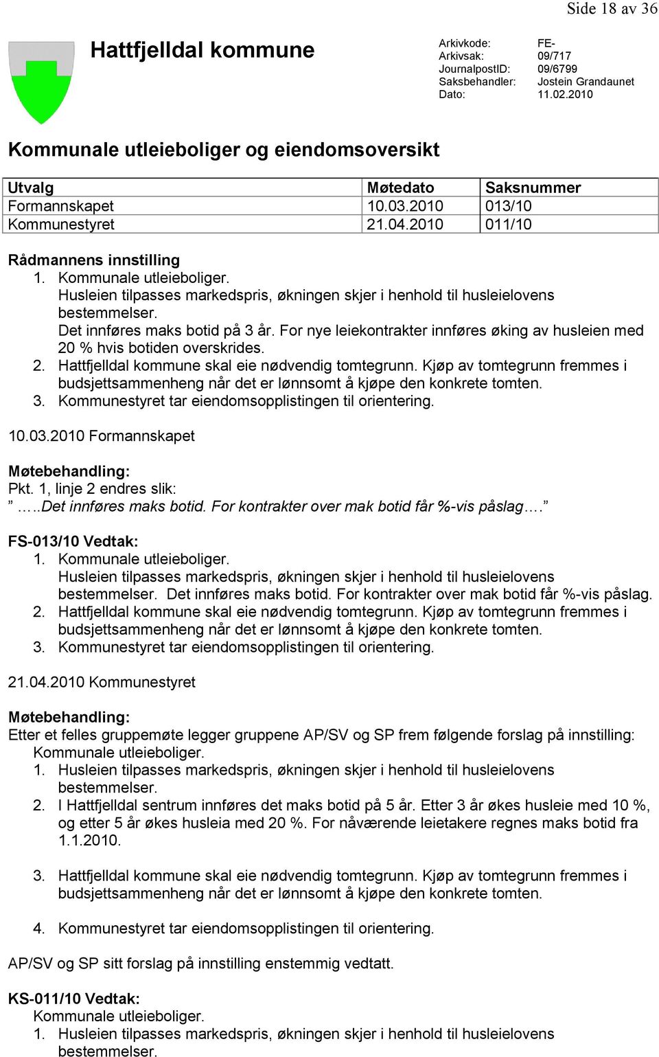 Det innføres maks botid på 3 år. For nye leiekontrakter innføres øking av husleien med 20 % hvis botiden overskrides. 2. Hattfjelldal kommune skal eie nødvendig tomtegrunn.