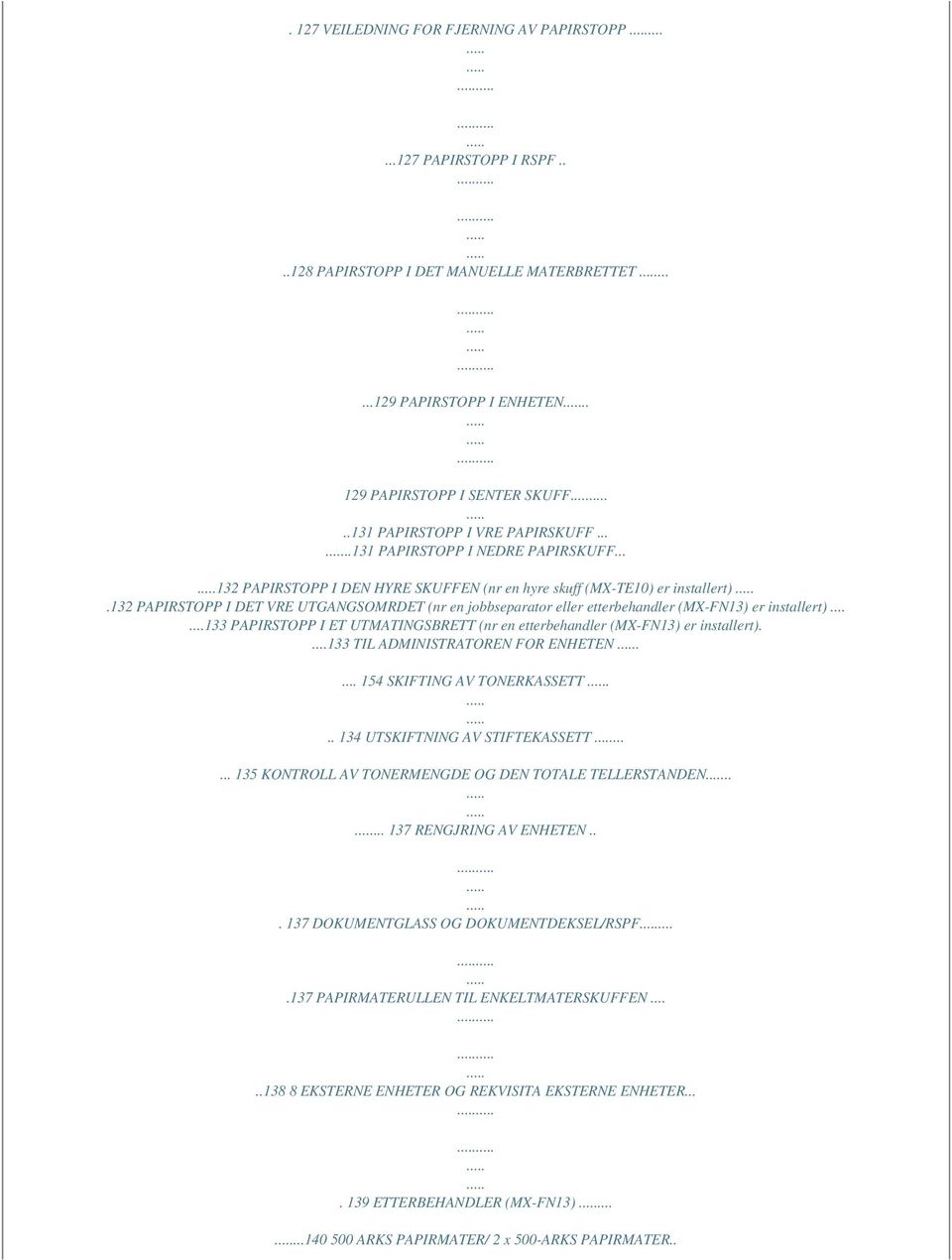 132 PAPIRSTOPP I DET VRE UTGANGSOMRDET (nr en jobbseparator eller etterbehandler (MX-FN13) er installert)......133 PAPIRSTOPP I ET UTMATINGSBRETT (nr en etterbehandler (MX-FN13) er installert).
