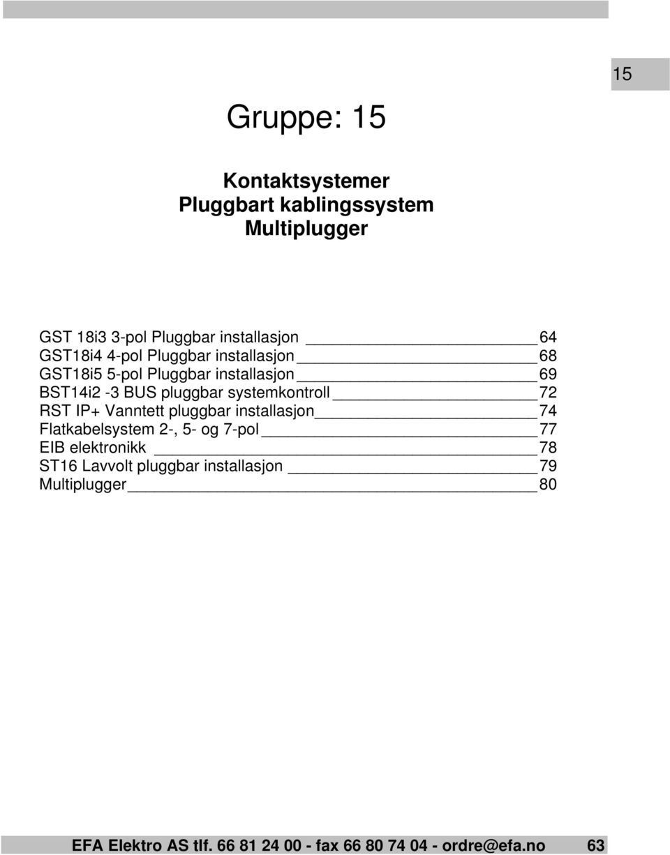 systemkontroll 72 RST IP+ Vanntett pluggbar installasjon 74 Flatkabelsystem 2-, 5- og 7-pol 77 EIB elektronikk