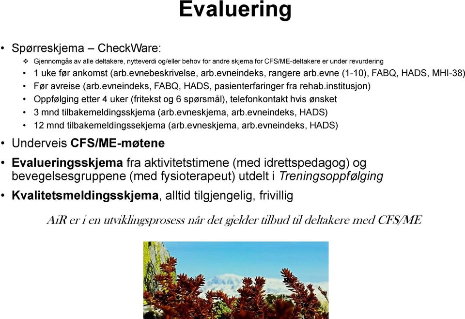 institusjon) Oppfølging etter 4 uker (fritekst og 6 spørsmål), telefonkontakt hvis ønsket 3 mnd tilbakemeldingsskjema (arb.evneskjema, arb.evneindeks, HADS) 12 mnd tilbakemeldingssekjema (arb.