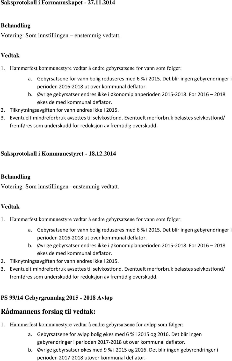 For 2016 2018 økes de med kommunal deflator. 2. Tilknytningsavgiften for vann endres ikke i 2015. 3. Eventuelt mindreforbruk avsettes til selvkostfond.