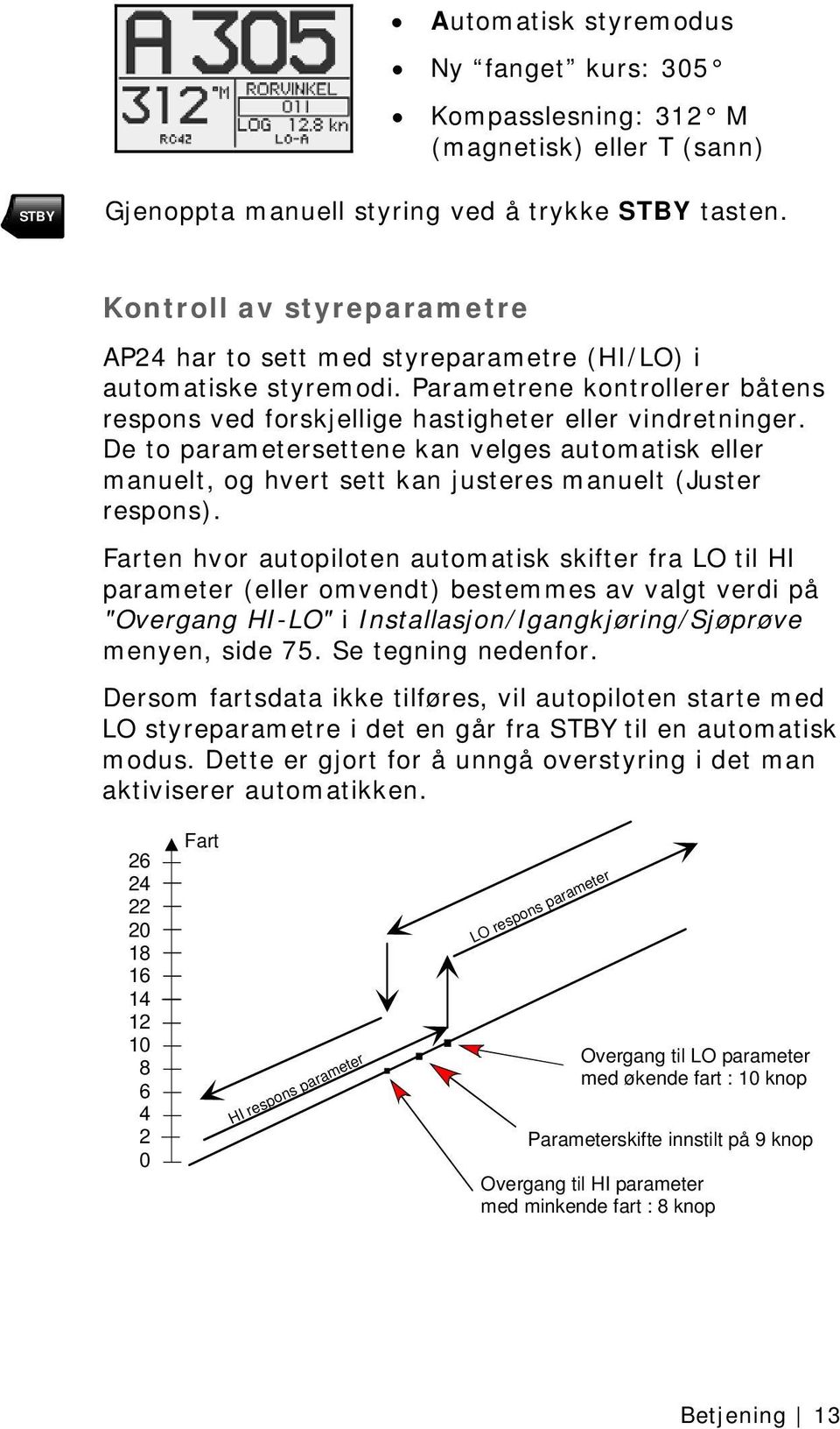 De to parametersettene kan velges automatisk eller manuelt, og hvert sett kan justeres manuelt (Juster respons).