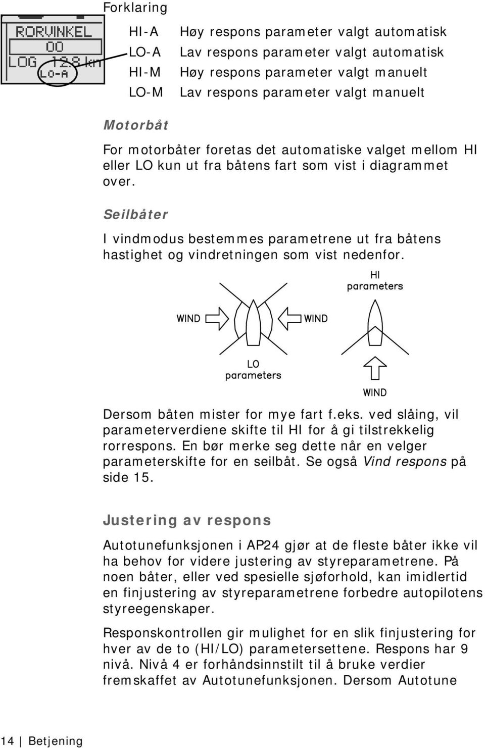 Seilbåter I vindmodus bestemmes parametrene ut fra båtens hastighet og vindretningen som vist nedenfor. Dersom båten mister for mye fart f.eks.