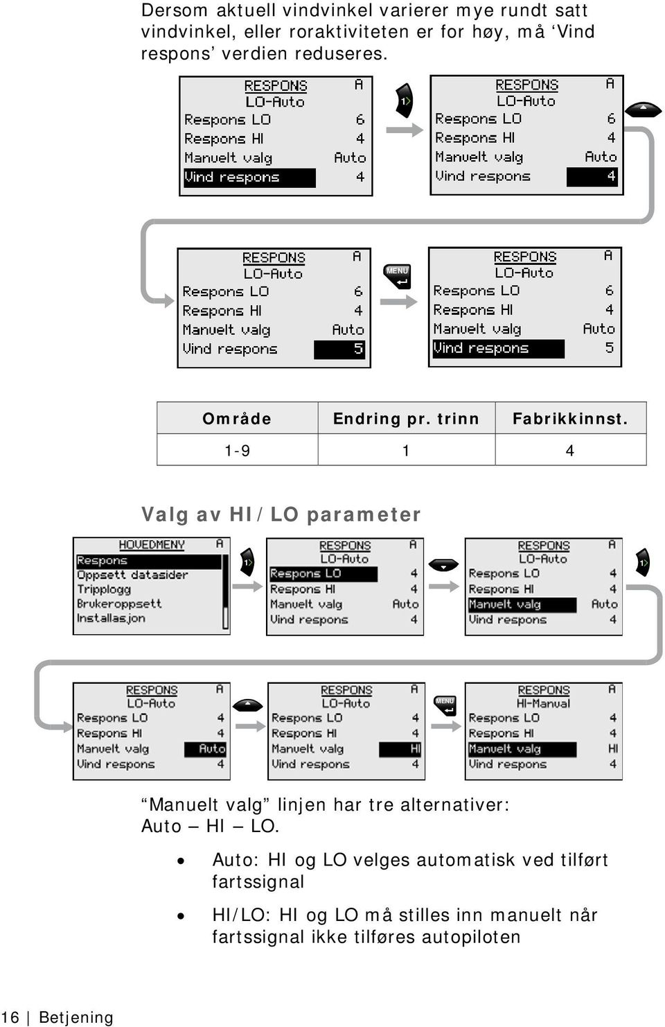 1-9 1 4 Valg av HI/LO parameter 1 1 MENU Manuelt valg linjen har tre alternativer: Auto HI LO.