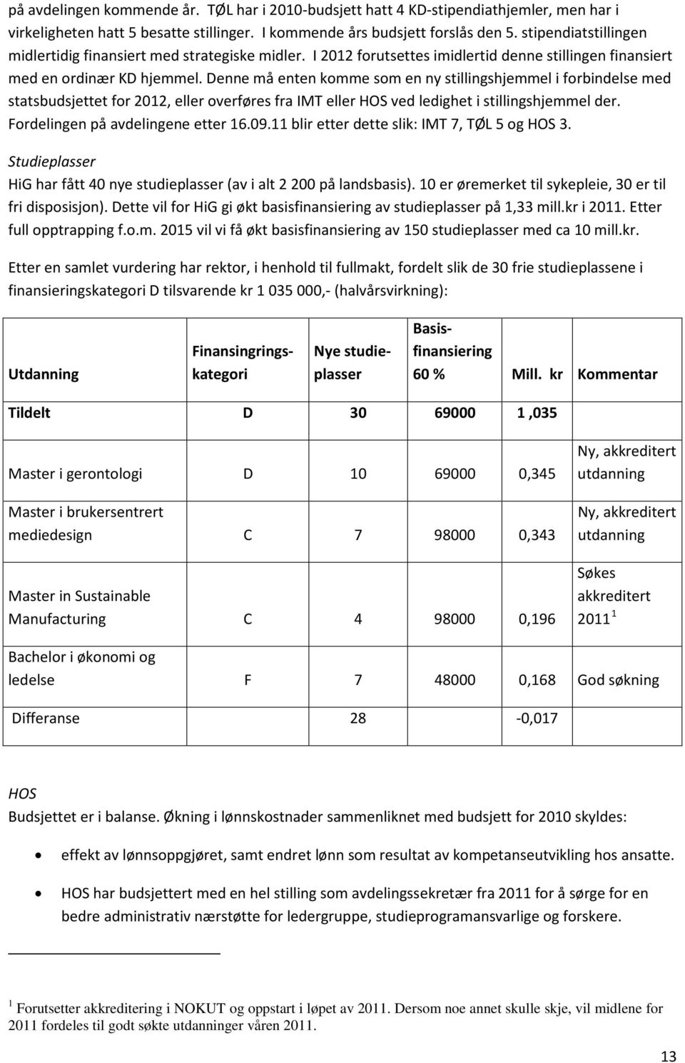 Denne må enten komme som en ny stillingshjemmel i forbindelse med statsbudsjettet for 2012, eller overføres fra IMT eller HOS ved ledighet i stillingshjemmel der. Fordelingen på avdelingene etter 16.