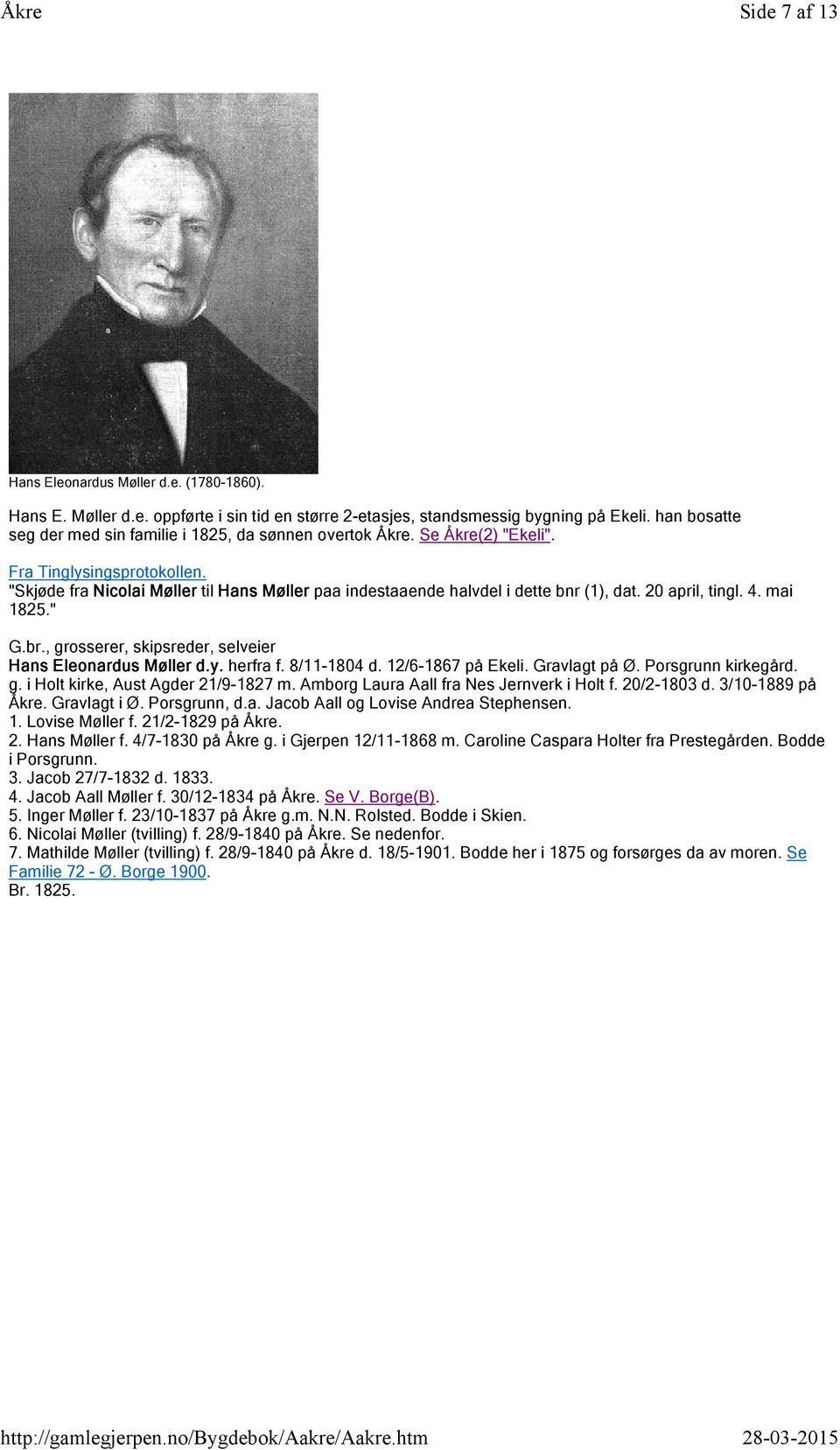 mai 1825." G.br., grosserer, skipsreder, selveier Hans Eleonardus Møller d.y. herfra f. 8/11-1804 d. 12/6-1867 på Ekeli. Gravlagt på Ø. Porsgrunn kirkegård. g. i Holt kirke, Aust Agder 21/9-1827 m.