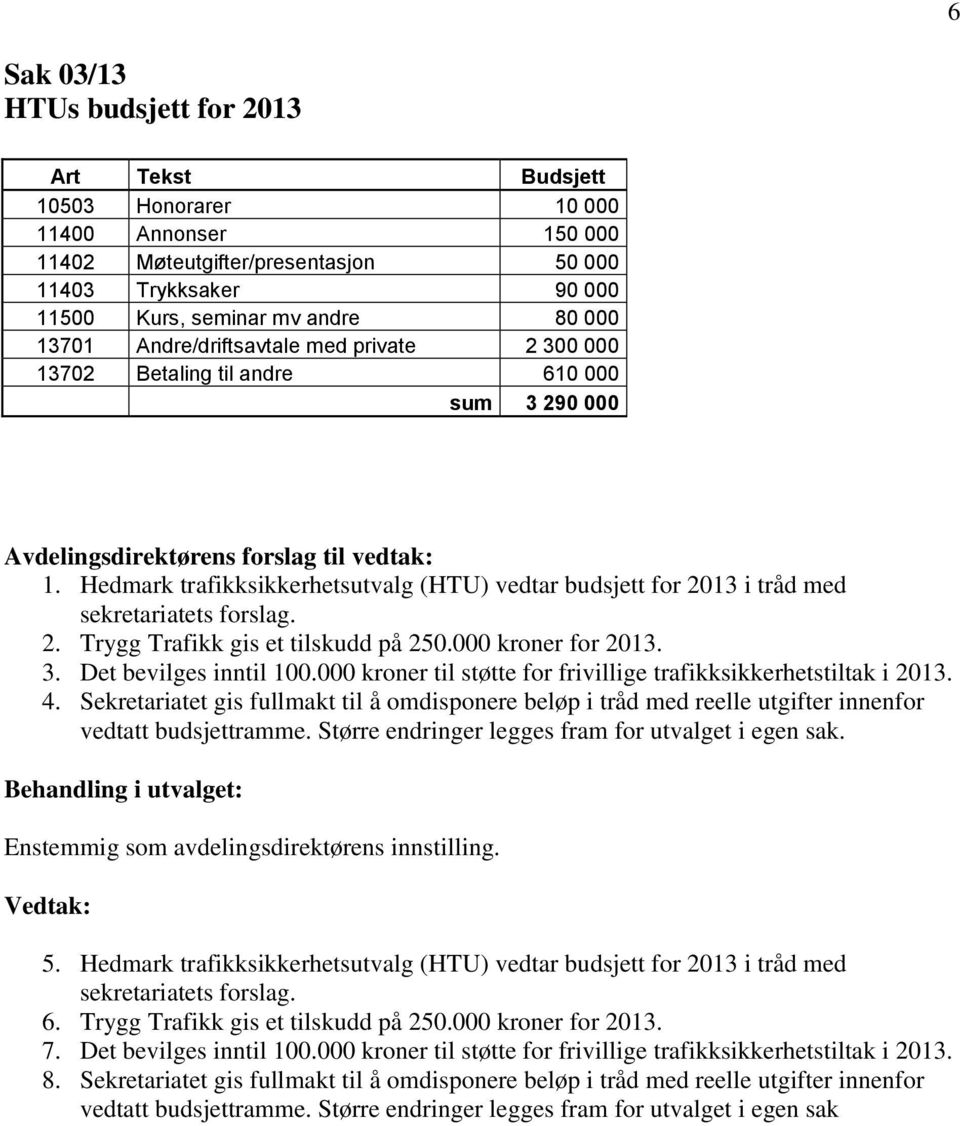 000 kroner for 2013. 3. Det bevilges inntil 100.000 kroner til støtte for frivillige trafikksikkerhetstiltak i 2013. 4.