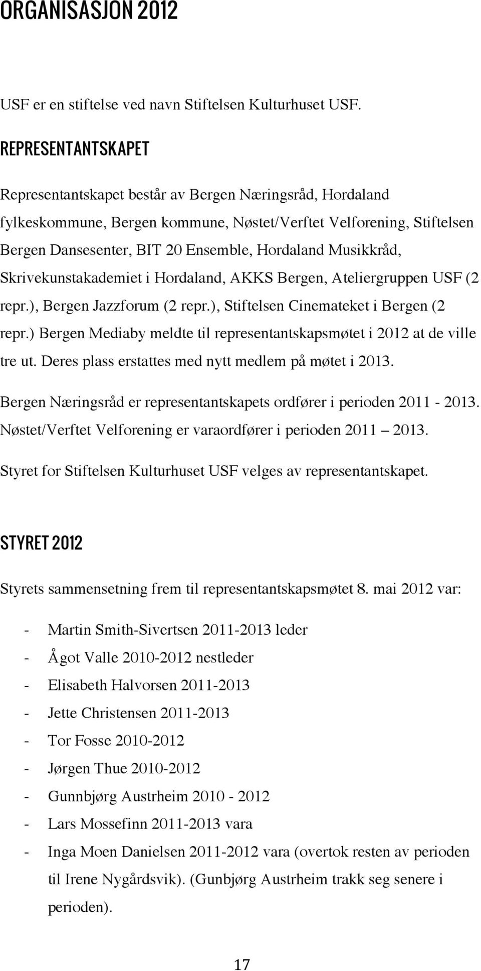 Musikkråd, Skrivekunstakademiet i Hordaland, AKKS Bergen, Ateliergruppen USF (2 repr.), Bergen Jazzforum (2 repr.), Stiftelsen Cinemateket i Bergen (2 repr.