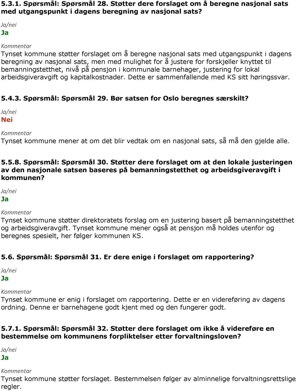 pensjon i kommunale barnehager, justering for lokal arbeidsgiveravgift og kapitalkostnader. Dette er sammenfallende med KS sitt høringssvar. 5.4.3. Spørsmål: Spørsmål 29.