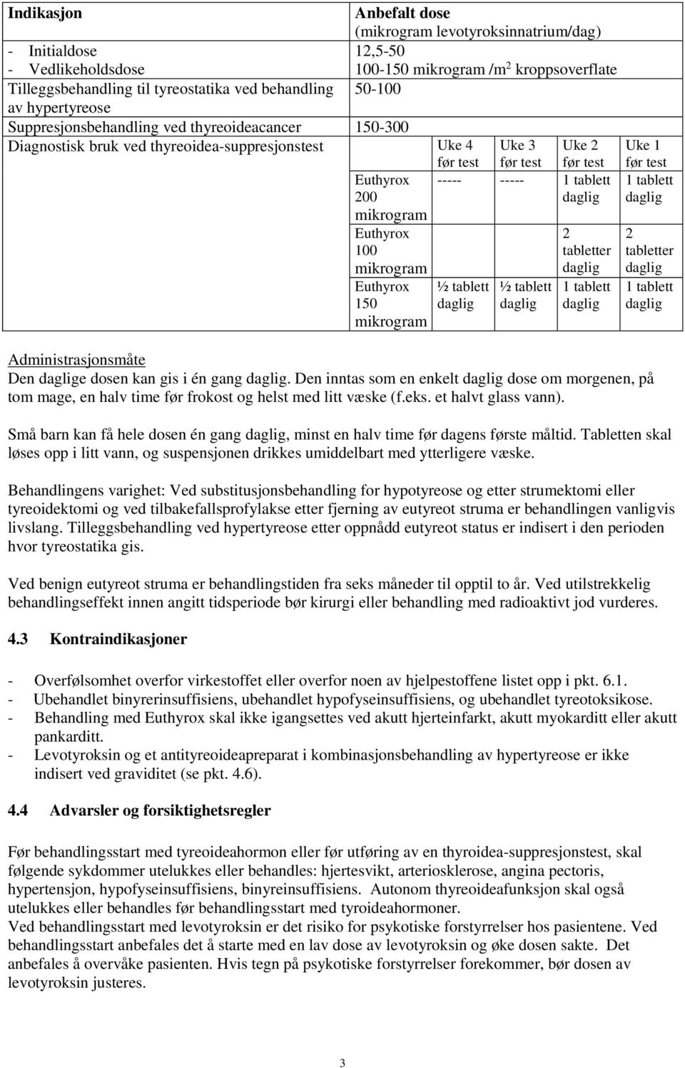 mikrogram Euthyrox 150 mikrogram ----- ----- 1 tablett ½ tablett ½ tablett 2 tabletter 1 tablett Uke 1 før test 1 tablett 2 tabletter 1 tablett Administrasjonsmåte Den e dosen kan gis i én gang.