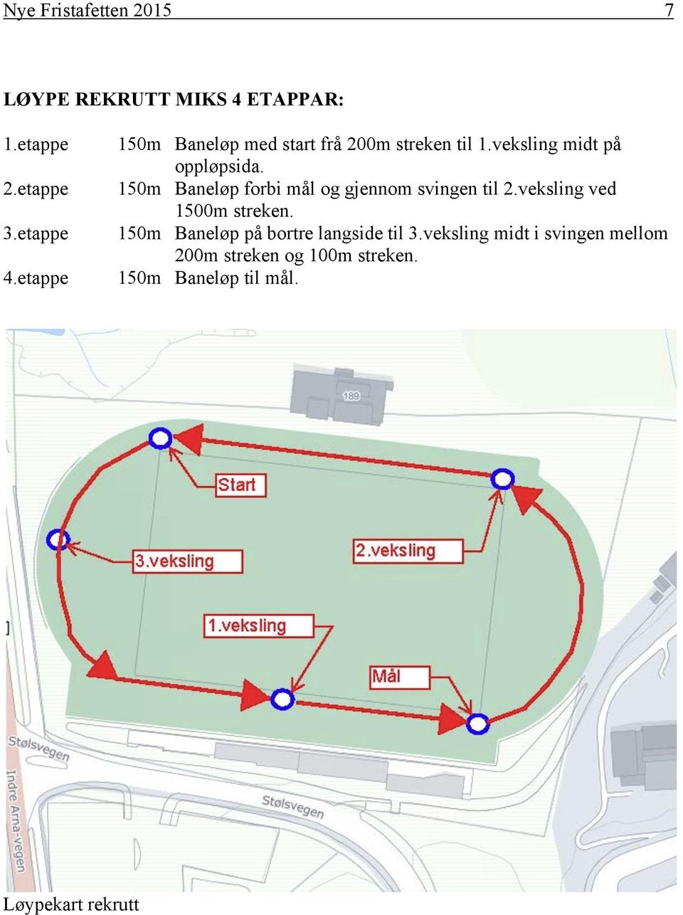 150m Baneløp forbi mål og gjennom svingen til 2.veksling ved 1500m streken.