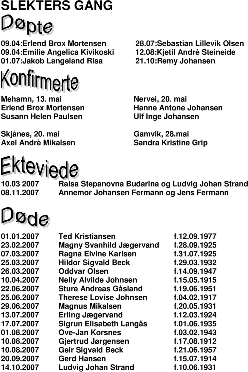 03 2007 Raisa Stepanovna Budarina og Ludvig Johan Strand 08.11.2007 Annemor Johansen Fermann og Jens Fermann 01.01.2007 Ted Kristiansen f.12.09.1977 23.02.2007 Magny Svanhild Jægervand f.28.09.1925 07.