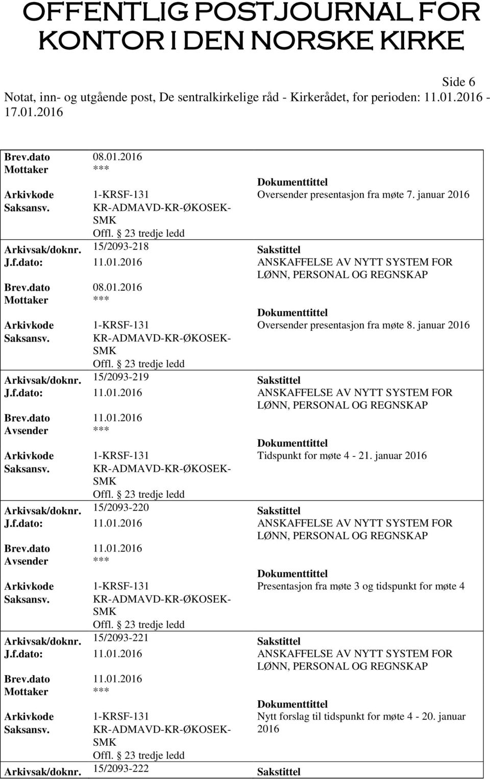 15/2093-220 Sakstittel J.f.dato: 11.01.2016 ANSKAFFELSE AV NYTT SYSTEM FOR Arkivkode 1-KRSF-131 Presentasjon fra møte 3 og tidspunkt for møte 4 Arkivsak/doknr. 15/2093-221 Sakstittel J.f.dato: 11.01.2016 ANSKAFFELSE AV NYTT SYSTEM FOR Arkivkode 1-KRSF-131 Nytt forslag til tidspunkt for møte 4-20.