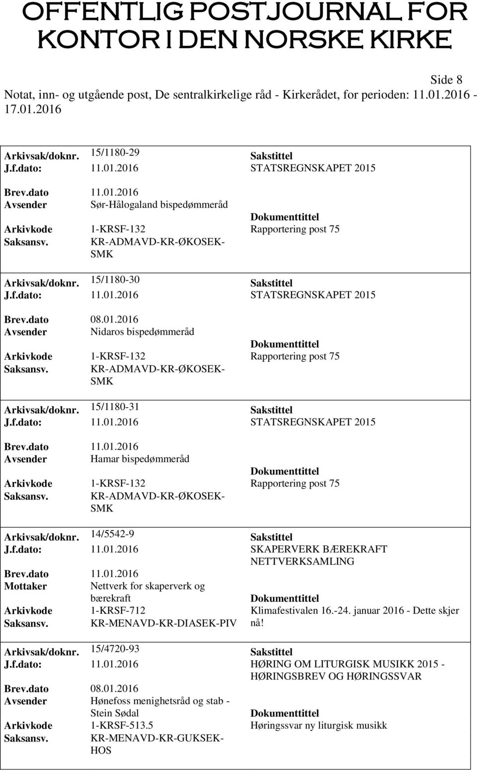 14/5542-9 Sakstittel J.f.dato: 11.01.2016 SKAPERVERK BÆREKRAFT NETTVERKSAMLING Mottaker Nettverk for skaperverk og bærekraft Arkivkode 1-KRSF-712 Klimafestivalen 16.-24.