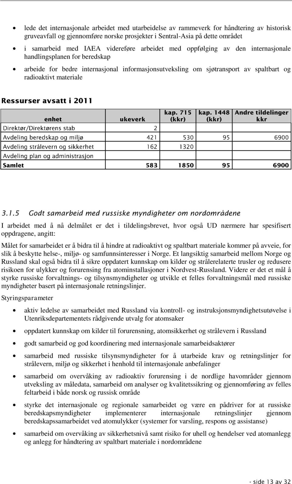 å nå delmålet er det i tildelingsbrevet, hvor også UD nærmere har spesifisert oppdragene, angitt: Målet for samarbeidet er å bidra til å hindre at radioaktivt og spaltbart materiale kommer på avveie,