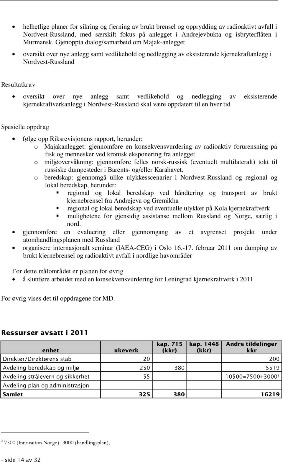 vedlikehold og nedlegging av eksisterende kjernekraftverkanlegg i Nordvest-Russland skal være oppdatert til en hver tid Spesielle oppdrag følge opp Riksrevisjonens rapport, herunder: o Majakanlegget: