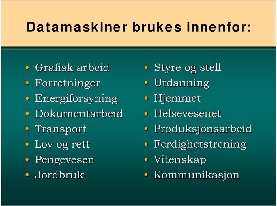 Pengevesen Jordbruk Styre og stell Utdanning Hjemmet