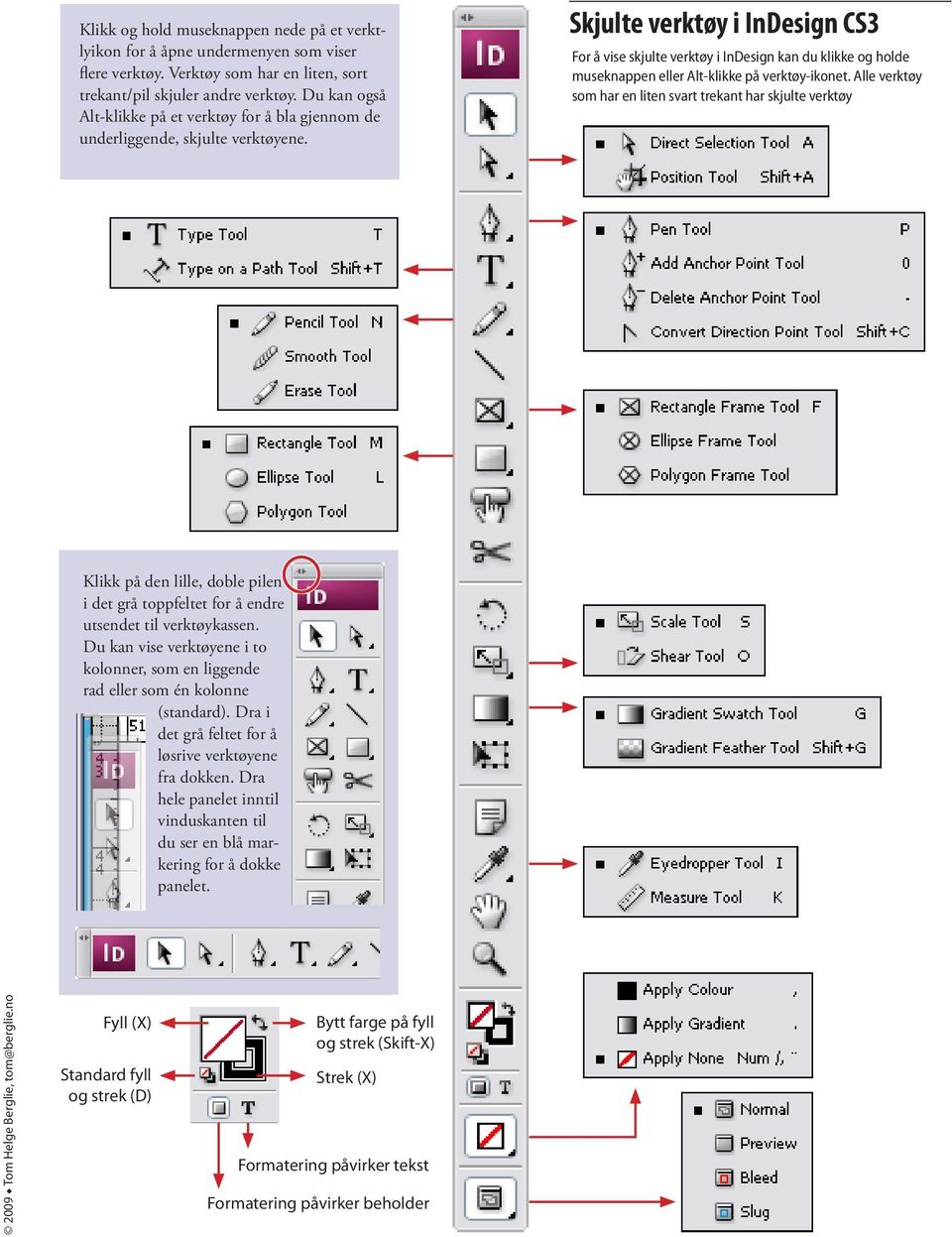 Skjulte verktøy i InDesign CS3 For å vise skjulte verktøy i InDesign kan du klikke og holde museknappen eller Alt-klikke på verktøy-ikonet.