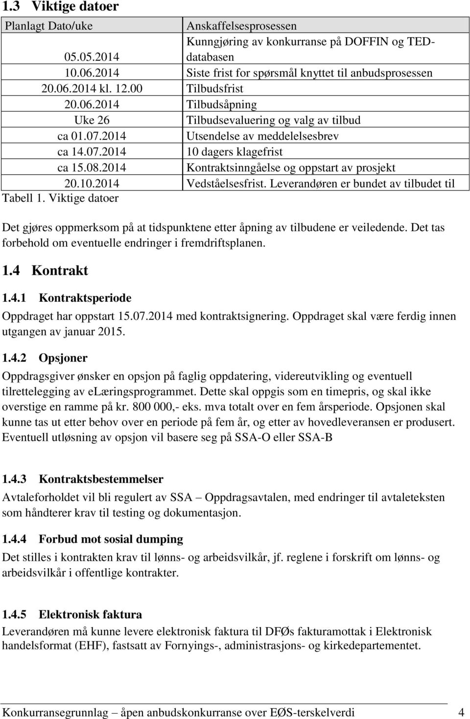 2014 Kontraktsinngåelse og oppstart av prosjekt 20.10.2014 Vedståelsesfrist. Leverandøren er bundet av tilbudet til Tabell 1.