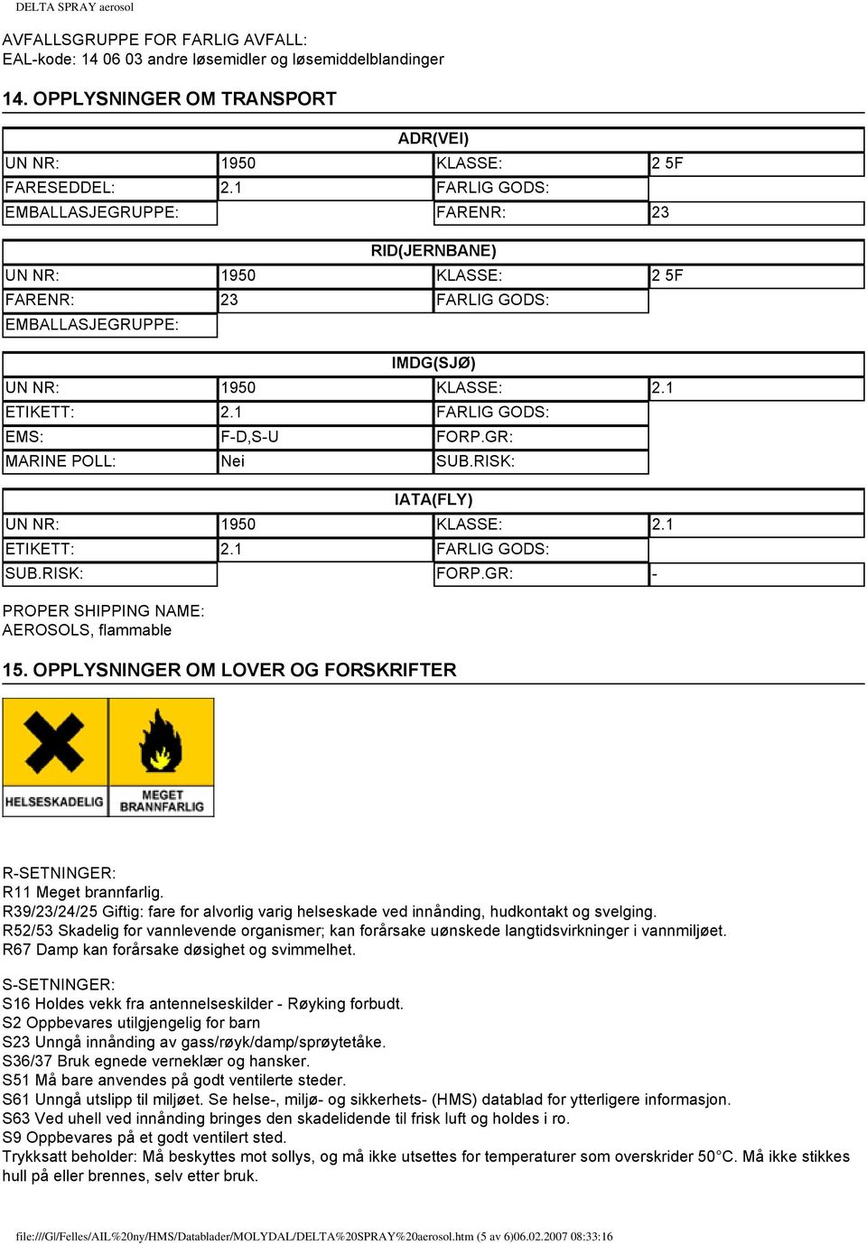 1 FARLIG GODS: EMS: F-D,S-U FORP.GR: MARINE POLL: Nei SUB.RISK: IATA(FLY) UN NR: 1950 KLASSE: 2.1 ETIKETT: 2.1 FARLIG GODS: SUB.RISK: FORP.GR: - PROPER SHIPPING NAME: AEROSOLS, flammable 15.